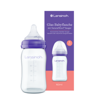 Abbildung der Glas Muttermilchflaschen von Lansinoh. Verpackung und Produkt 160 ml