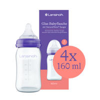 Abbildung der Glas Muttermilchflaschen von Lansinoh. Verpackung und Produkt 4 x 160 ml