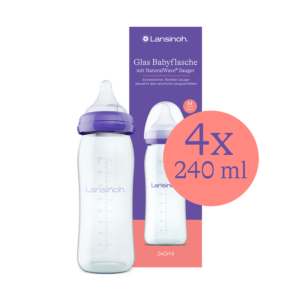 Abbildung der Glas Muttermilchflaschen von Lansinoh. Verpackung und Produkt 4 x 240 ml