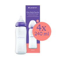 Abbildung der Glas Muttermilchflaschen von Lansinoh. Verpackung und Produkt 4 x 240 ml